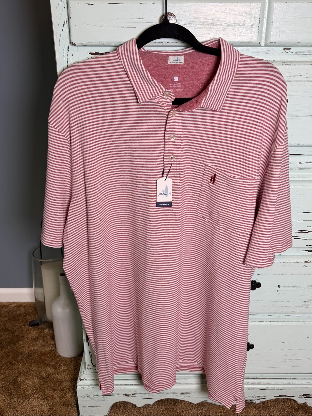 johnnie-O Light Red & White Striped Polo Shirt. Size XXL, new with tags.